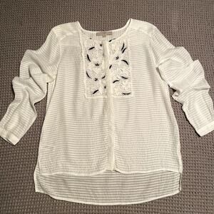 Loft White Embroidered Long Sleeve Blouse Womens Medium